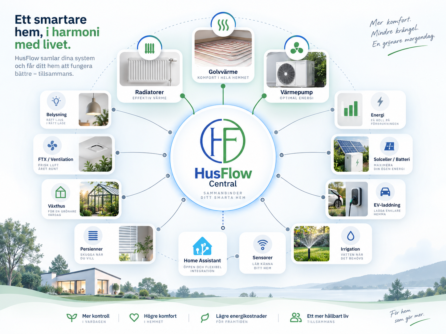 HusFlow Central med anslutna system såsom golvvärme, radiatorer, belysning, växthus och energi